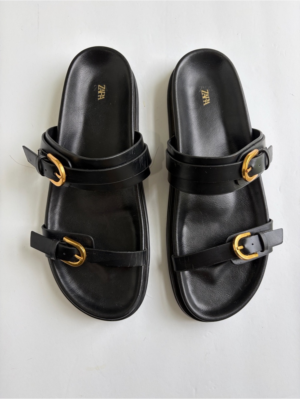 Zara Black Double Strap Sandals with Gold Buckle Accents